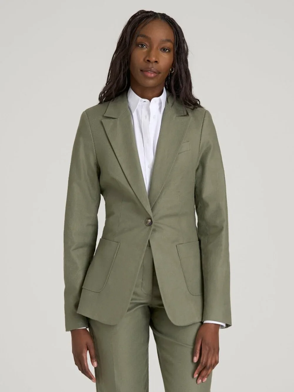 American Tall Slim Fit Linen Blend Blazer for Tall Women in Olive Size 1010 / Ta